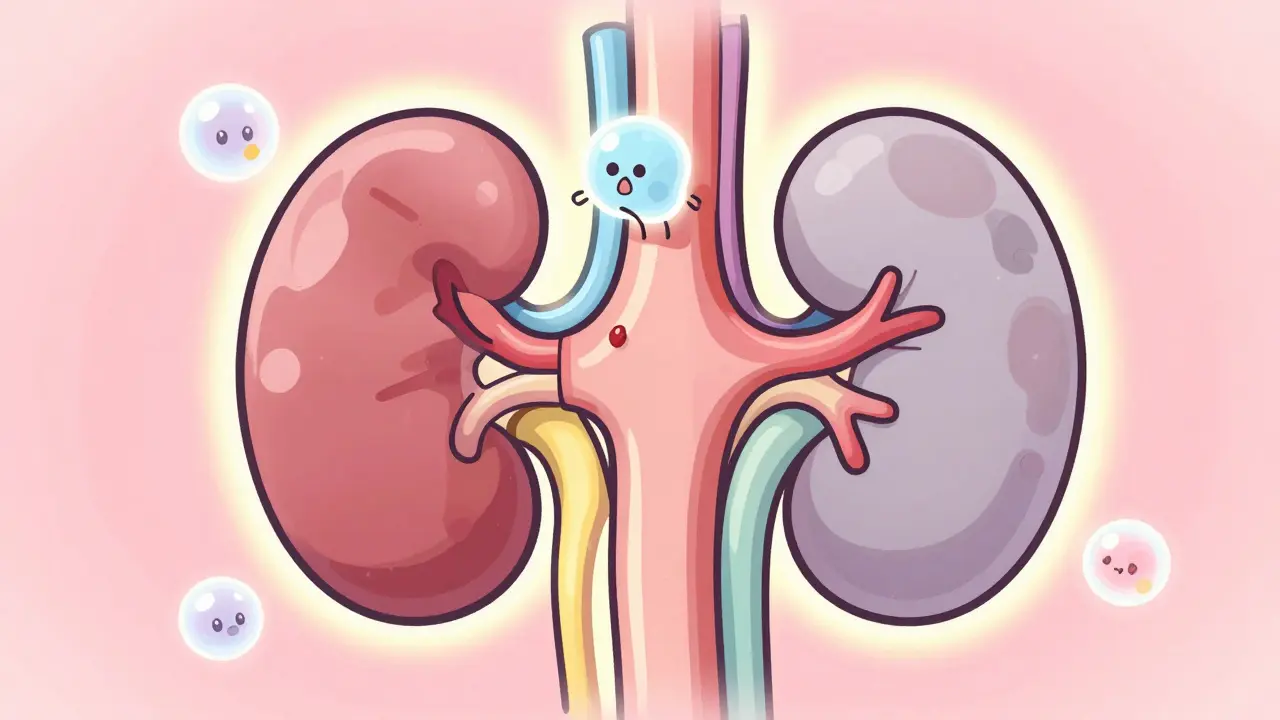 Stylized kawaii anime diagram of a kidney showing narrowed blood vessels and oxygen bubbles
