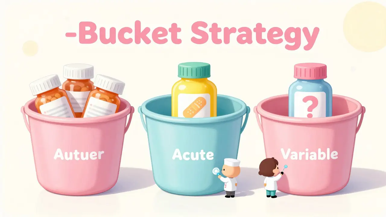 Three cute pastel buckets organizing maintenance, acute, and variable medications.